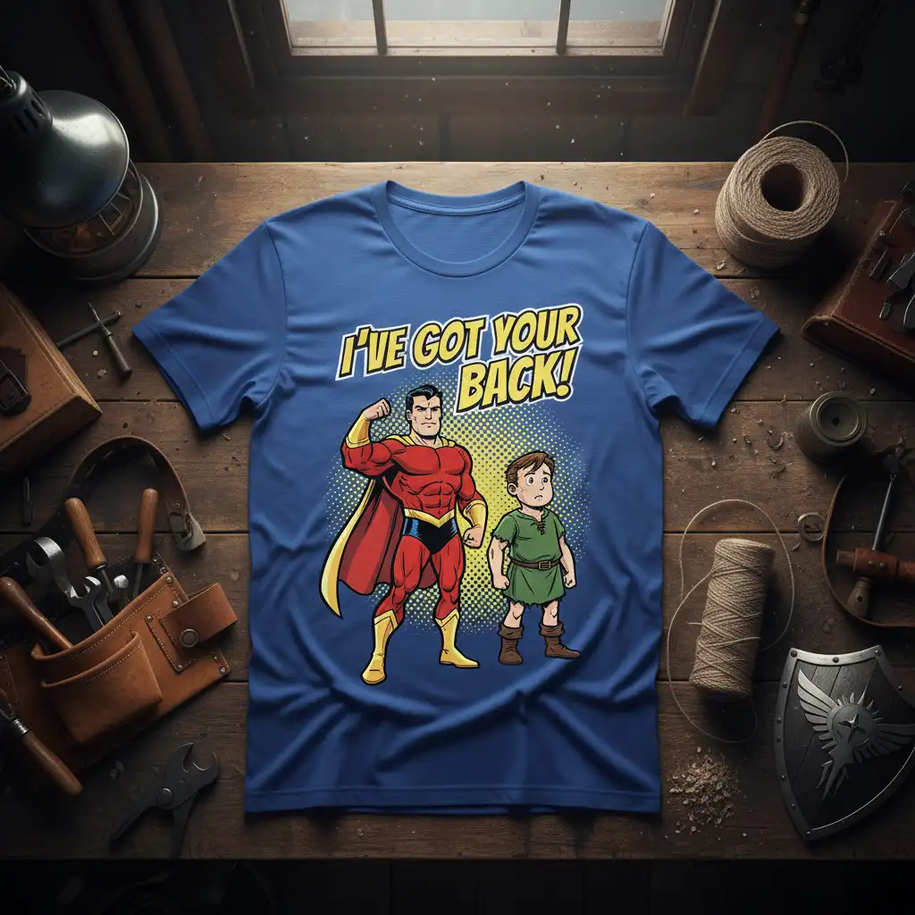I've Got Your Back! quote on a blue tee with superhero and sidekick comic art
