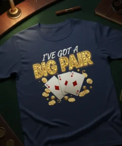 T-shirt with the text "I've Got a Big Pair" and playing cards, dice, and gold coins graphic