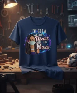 T-shirt with "I'VE GOT A GOOD Heart BUT THIS Mouth" text and a woman wearing a mask and locs