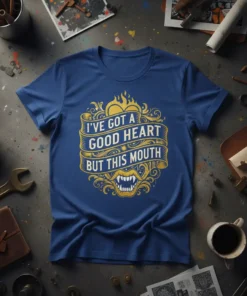 I've Got A Good Heart But This Mouth quote in bold yellow typography with fangs graphic on a blue t-shirt