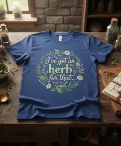 T-shirt with "I've got an herb for that..." text in a circular floral design, featuring a mortar and pestle graphic