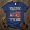Political t-shirt with distressed American flag graphic and the text "I've Never Been Fondled By Donald Trump But I Have