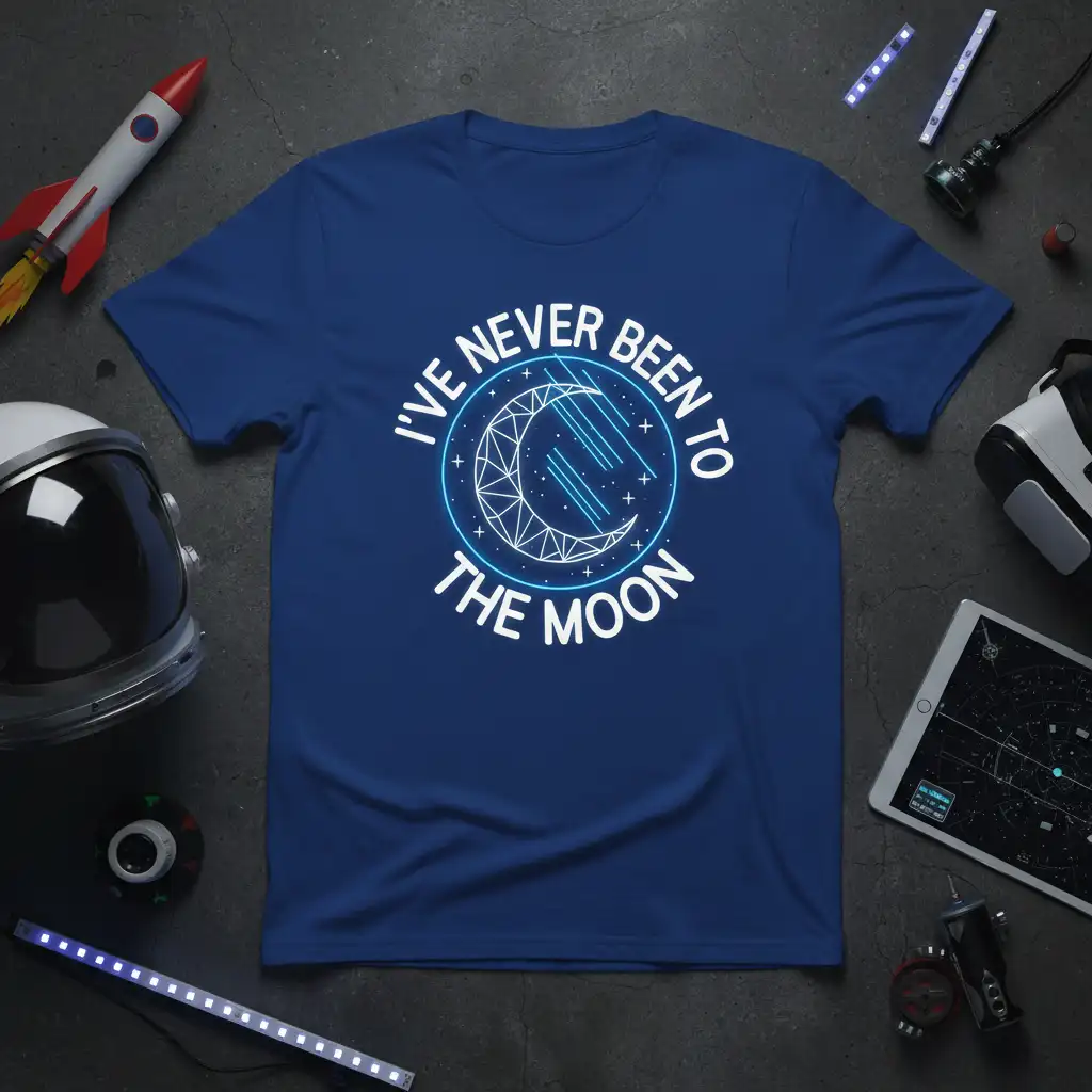 I've Never Been To The Moon quote and geometric moon graphic on a blue tee