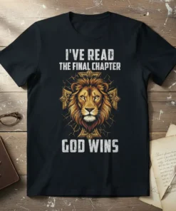T-shirt with "I've Read The Final Chapter God Wins" text and a lion graphic with a cross emblem