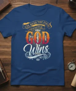 I've Read The Final Chapter God Wins t-shirt with vintage distressed lettering and ornate design elements