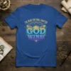 I've Read The Final Chapter God Wins quote with wings and sun graphic on a blue t-shirt
