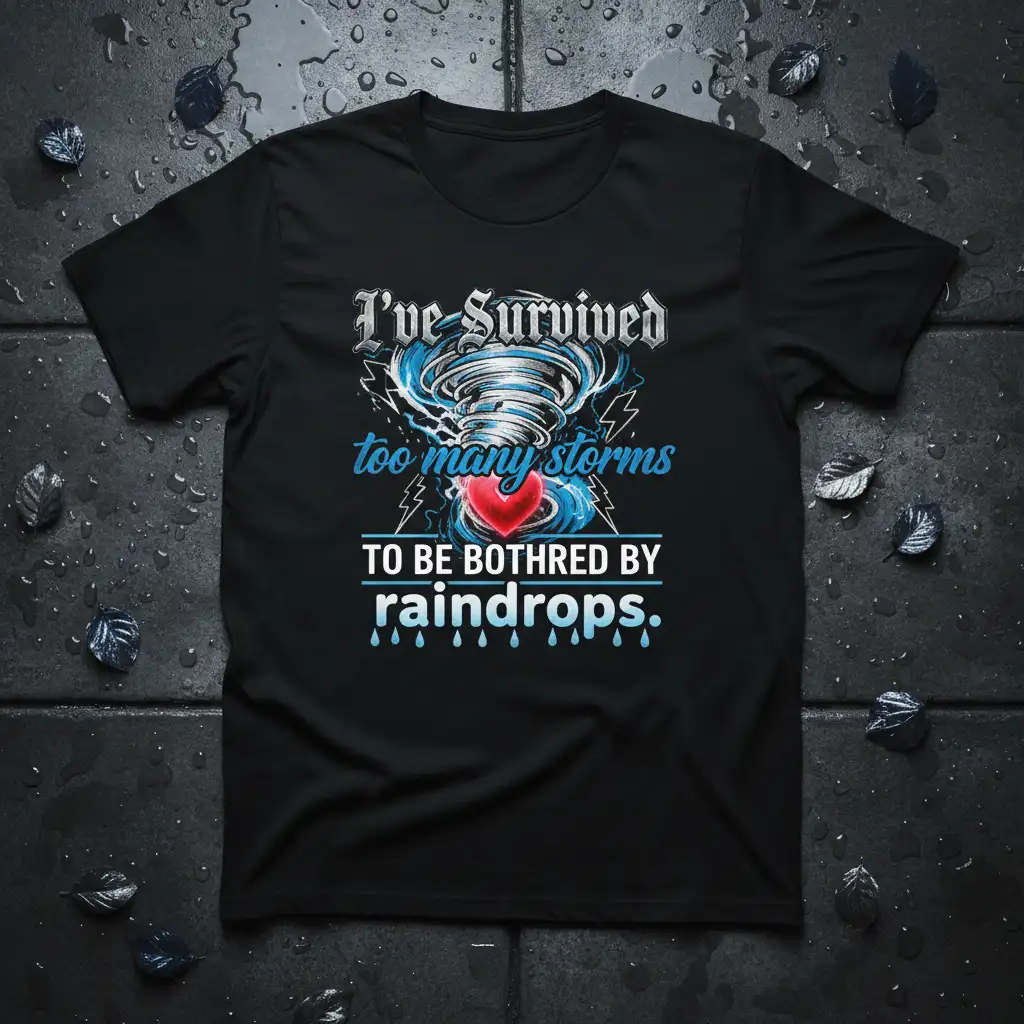 I've Survived too many storms quote featuring a tornado graphic and heart on a black tee