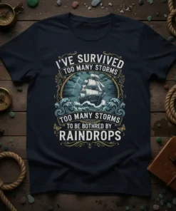 Quote "I've Survived Too Many Storms to Be Bothred by Raindrops" with a sailing ship in a storm graphic on