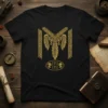 Black t-shirt with golden IYI IYI symbol featuring feathers and lions, inspired by Ottoman history