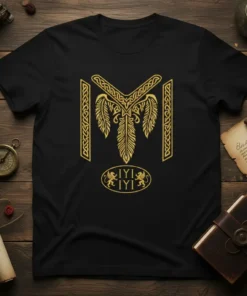 Black t-shirt with golden IYI IYI symbol featuring feathers and lions, inspired by Ottoman history