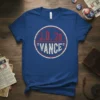 J.D. '28 Vance campaign t-shirt with distressed circular logo in red and white on a blue shirt