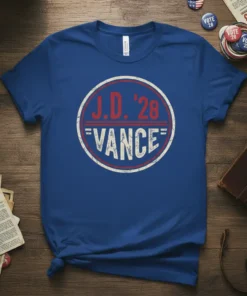J.D. '28 Vance campaign t-shirt with distressed circular logo in red and white on a blue shirt