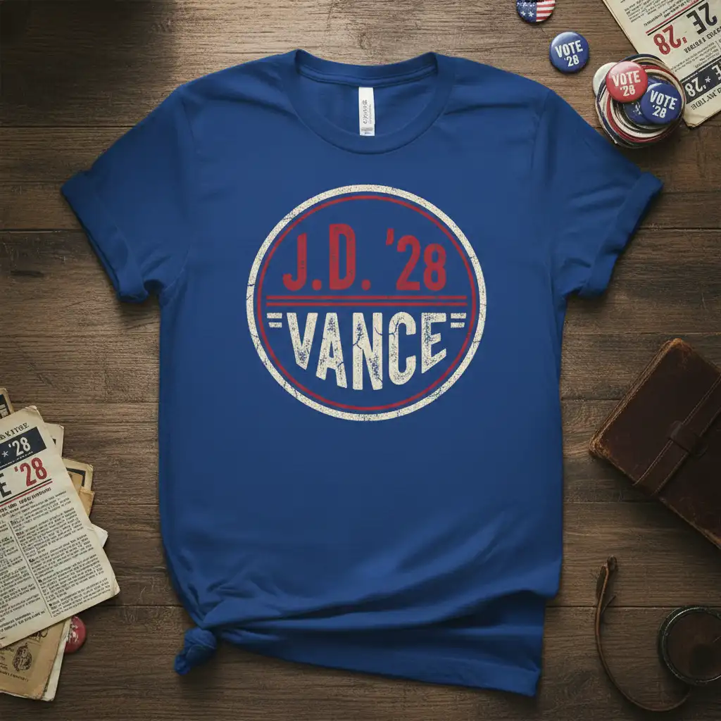 J.D. '28 Vance campaign t-shirt featuring a distressed circular logo with campaign text