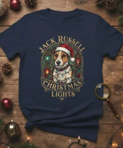Jack Russell dog wearing a Santa hat and wrapped in Christmas lights, text reads JACK RUSSELL CHRISTMAS LIGHTS, festive holiday