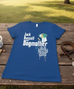 Jack Russell Dogmother t-shirt design featuring text and a dog's paw print graphic