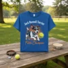 Jack Russell Terrier Fetch Champion text with a dog running with a tennis ball graphic on a blue t-shirt