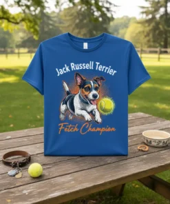 Jack Russell Terrier Fetch Champion text with a dog running with a tennis ball graphic on a blue t-shirt