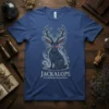 Jackalope The Mythical Horned Hare design featuring a dark, seated jackalope with large antlers and glowing red eyes, surrounded by