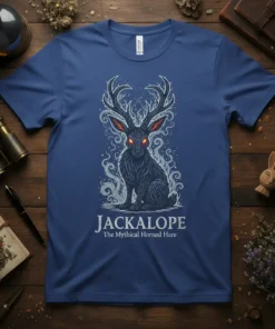 Jackalope The Mythical Horned Hare design featuring a dark, seated jackalope with large antlers and glowing red eyes, surrounded by