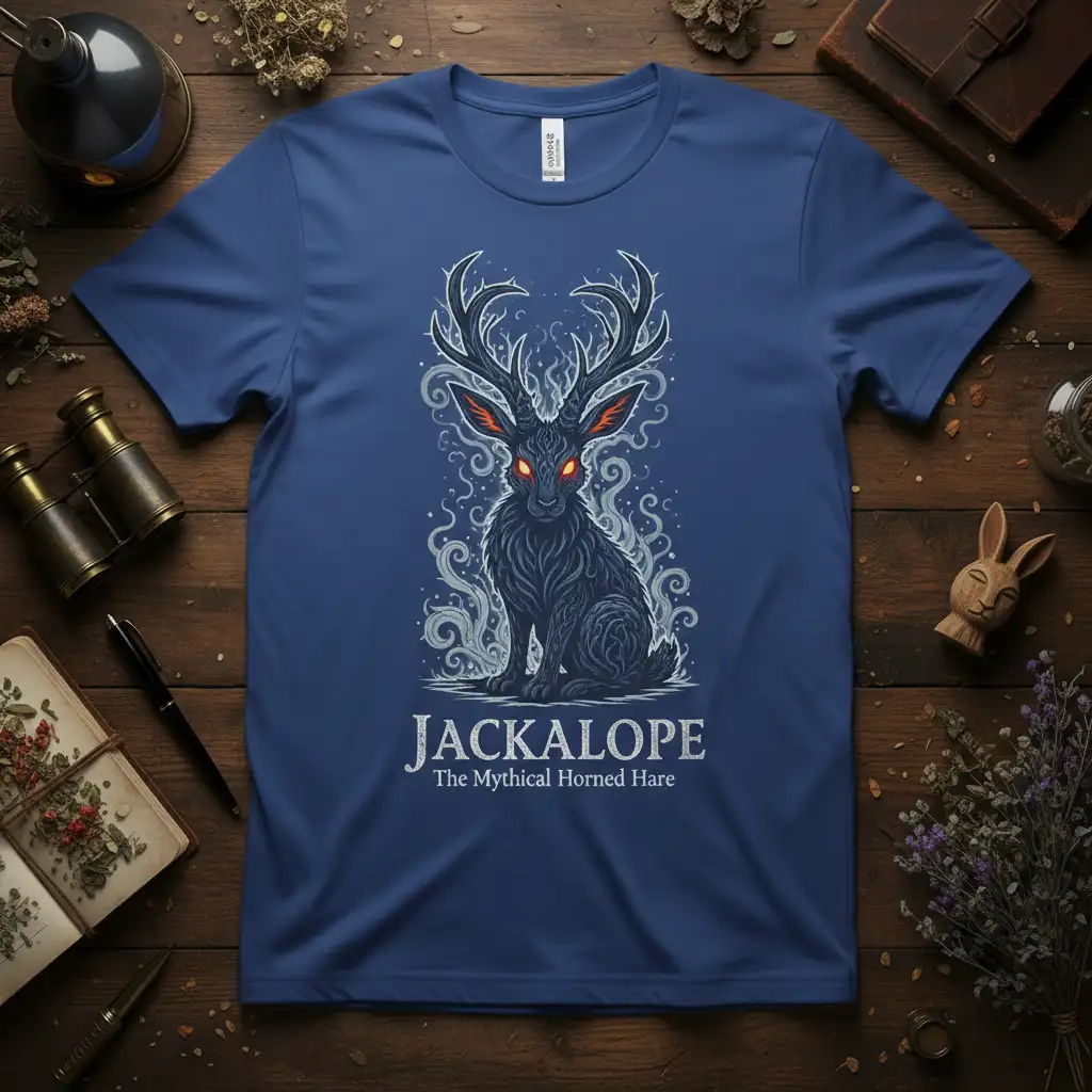 Jackalope The Mythical Horned Hare design featuring a seated dark jackalope with prominent antlers and glowing red eyes, set against a smoky