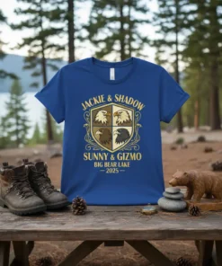 Custom Big Bear Lake 2025 t-shirt design featuring names Jackie & Shadow Sunny & Gizmo with eagle emblems