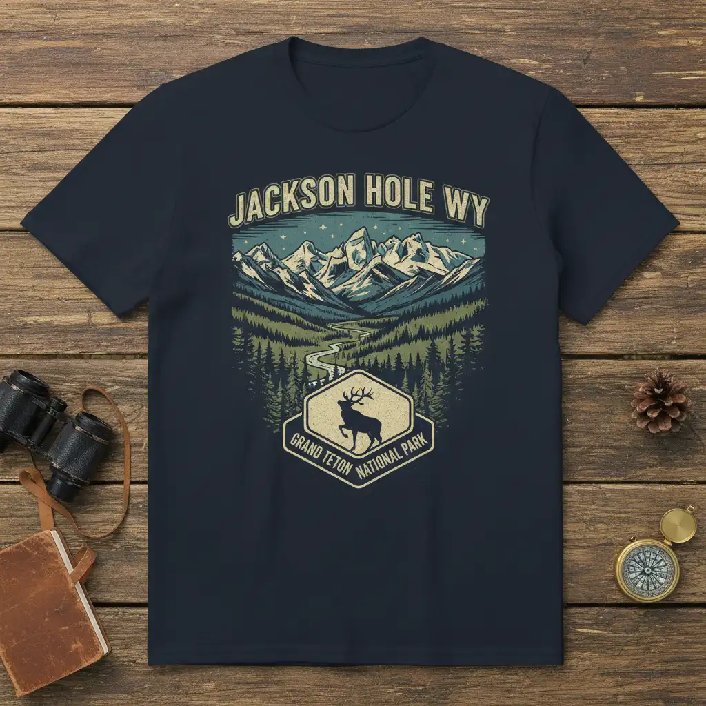Jackson Hole WY Grand Teton National Park t-shirt featuring a vintage mountain scene and deer graphic
