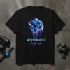 Geometric bison head design with "JACKSON HOLE Wyoming" text on a black t-shirt, representing Jackson Hole Wyoming travel