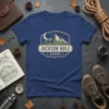 Jackson Hole Wyoming t-shirt with a vintage badge design featuring mountains, moon, and stars