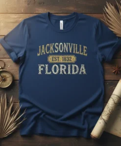 Jacksonville Est 1832 Florida t-shirt with vintage distressed lettering design on quality cotton t-shirt fabric