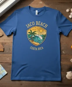 Jaco Beach Costa Rica graphic t-shirt featuring a shield design with palm trees, ocean waves, and sun