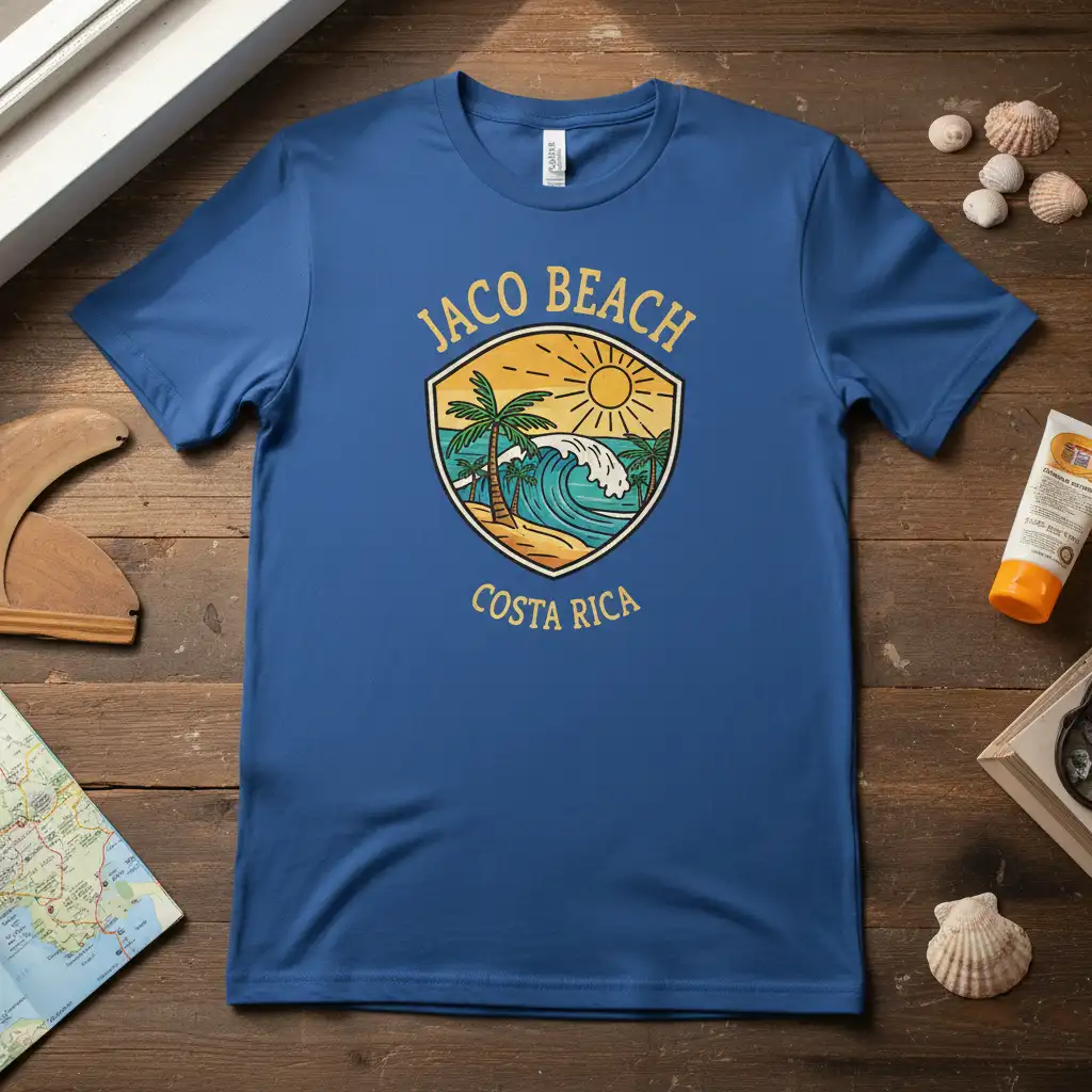 Jaco Beach Costa Rica shield design with palm trees, waves, and sun on a blue t-shirt