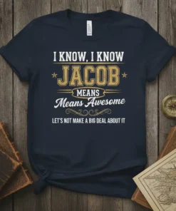 Navy t-shirt with "I Know, I Know Jacob Means Awesome Let's Not Make A Big Deal About It" text design