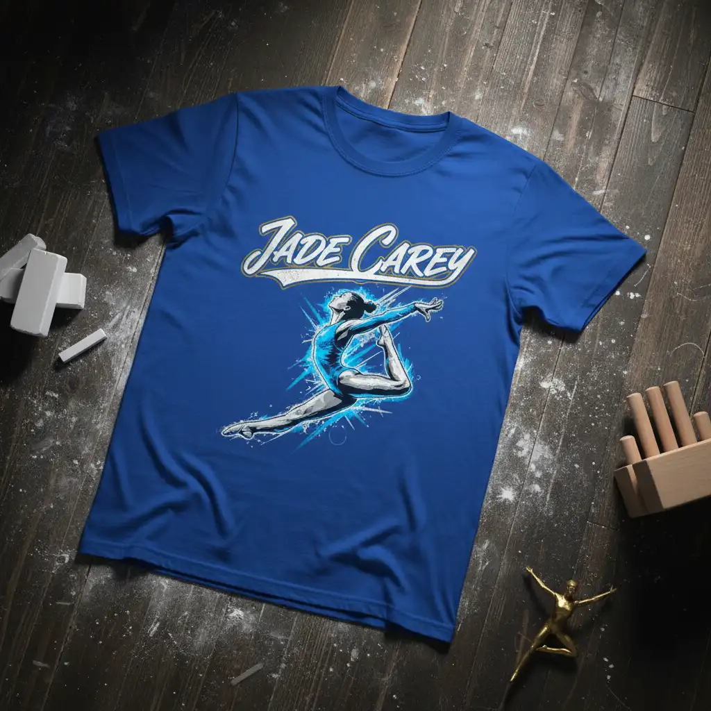 Jade Carey name text above a female gymnast in mid-pose on a blue t-shirt