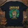Jaguar King of the Jungle Master Hunter Elusive Stalker t-shirt design with a fierce jaguar surrounded by lush jungle foliage