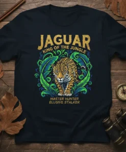 Jaguar King of the Jungle Master Hunter Elusive Stalker t-shirt design with a fierce jaguar surrounded by lush jungle foliage