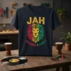 JAH GUIDES I AND I text with Rastafarian lion graphic on a dark t-shirt