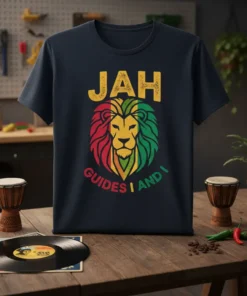 JAH GUIDES I AND I text with Rastafarian lion graphic on a dark t-shirt