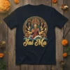 Jai Ma t-shirt design featuring a multi-armed Hindu goddess Durga in a circular mandala with wavy water elements