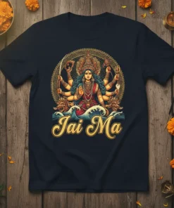 Jai Ma t-shirt design featuring a multi-armed Hindu goddess Durga in a circular mandala with wavy water elements