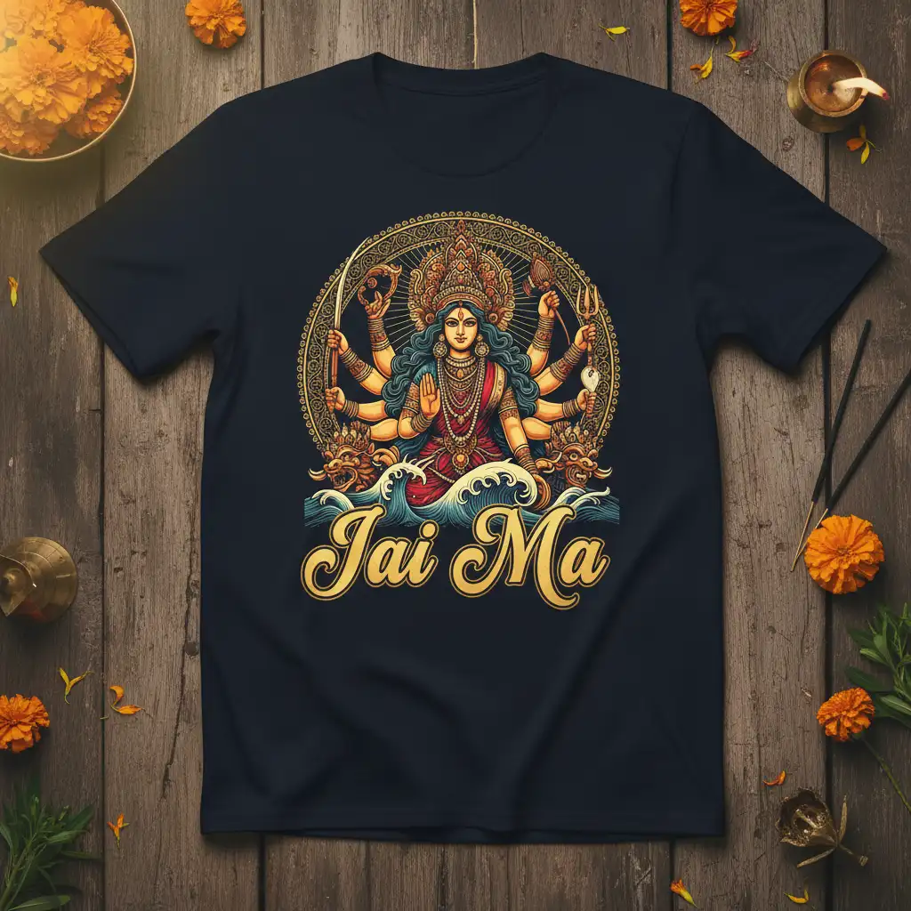 Jai Ma t-shirt design featuring Hindu goddess Durga in intricate mandala, embodying spiritual strength