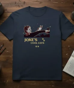 Jake's Cool Cats text with a graphic of a man holding a cat, on a navy t-shirt