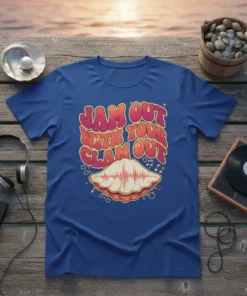 Jam Out With Your Clam Out text design with a clam graphic and musical notes on a blue t-shirt