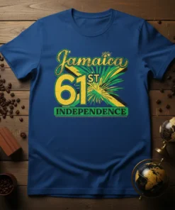 Jamaica 61st Independence Day t-shirt with bold yellow text and Jamaican flag graphic