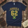 Navy blue t-shirt with "JAMAICA 62" in distressed yellow and green, and the Jamaican flag crest below