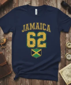 Navy blue t-shirt with "JAMAICA 62" in distressed yellow and green, and the Jamaican flag crest below