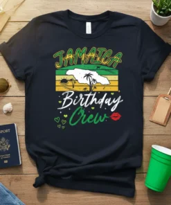 Jamaica Birthday Crew t-shirt with island graphic and vibrant colors. Features text "Jamaica Birthday Crew" and map of Jamaica