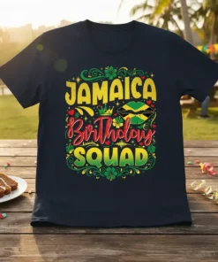 Jamaica Birthday SQUAD t-shirt design featuring bold yellow, red, and green text with Jamaican flag lips graphic