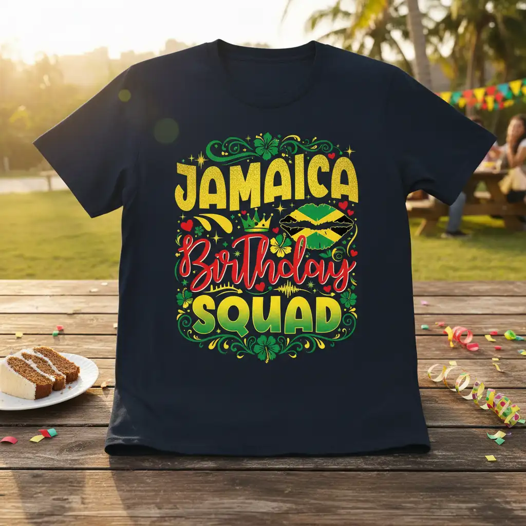Jamaica Birthday SQUAD text design with Jamaican flag lips and festive accents for birthday celebrations