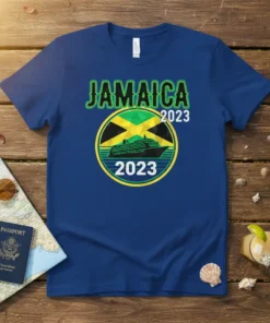 Jamaica Cruise 2023 t-shirt featuring the Jamaican flag, a cruise ship, and the year 2023 in green and yellow text