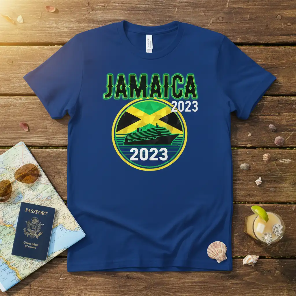 Jamaica Cruise 2023 t-shirt with Jamaican flag and cruise ship graphic, vibrant green and yellow text